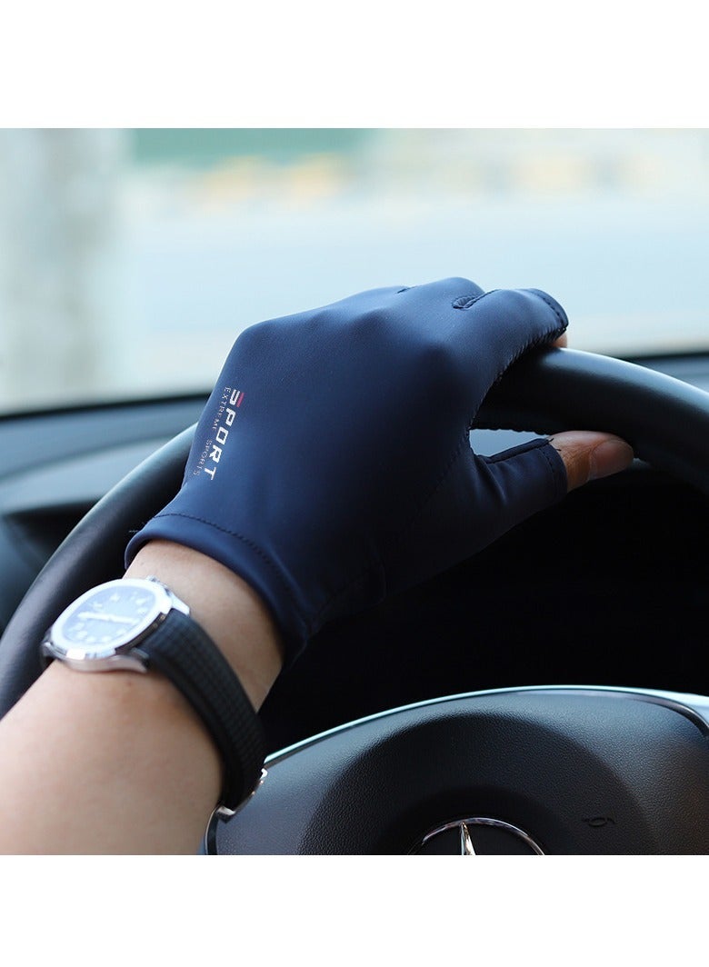 قفازات رجالية، قفازات قيادة، قفازات حريرية غير قابلة للانزلاق، قفازات نصف أصابع، قفازات رقيقة مسامية عالية المرونة مقاومة للأشعة فوق البنفسجية، قفازات رياضية للقيادة وركوب الدراجات والاستخدام مع شاشات اللمس، لون كحلي. - Image 2